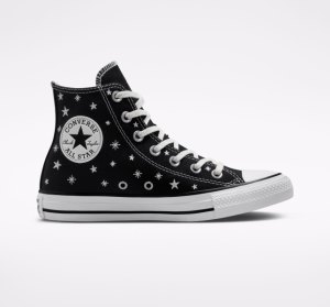 Dámské Vysoké Converse Chuck Taylor All Star Embroidered Stars Černé Bílé | 18MNQIOUS