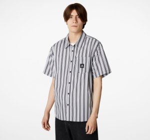 Pánské Tričko Converse Pruhovaný Button Down Černé Bílé Proužek | 73QWFGDRZ